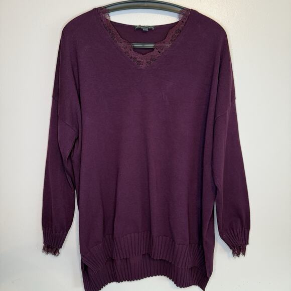 Adrianna Papell Womens Purple Long Sleeve V-Neck Sweater with Lace Trim Large - Picture 1 of 12